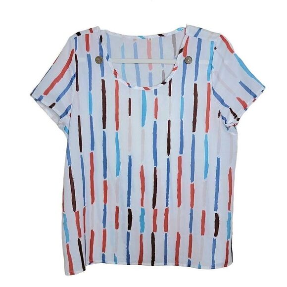 Short Sleeve Multicolor Vertical Stripe Watercolor Blouse - Picture 1 of 9